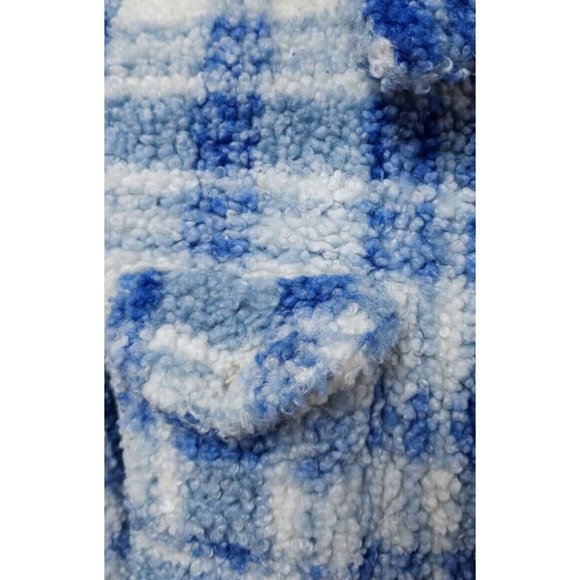 Blair Womens Medium Blue White Plaid Sherpa Snap Front Fuzzy Jacket - Picture 2 of 10